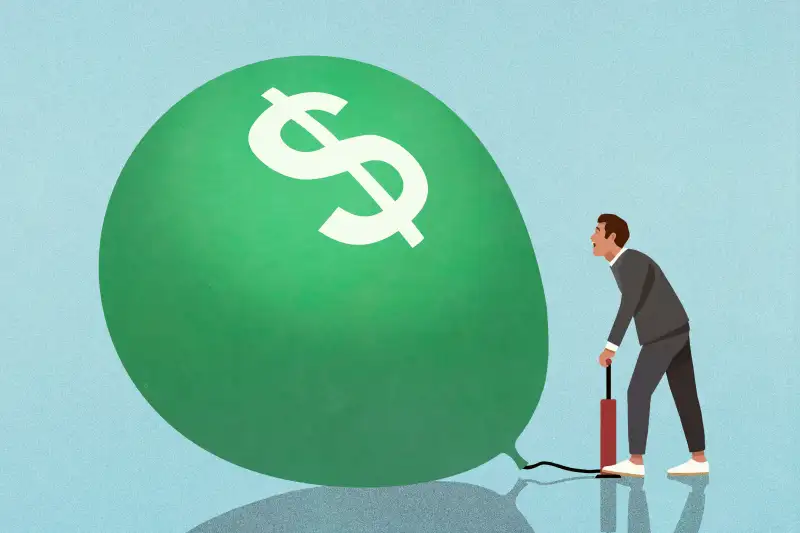 Illustration of a Businessman inflating dollar sign balloon with tire pump