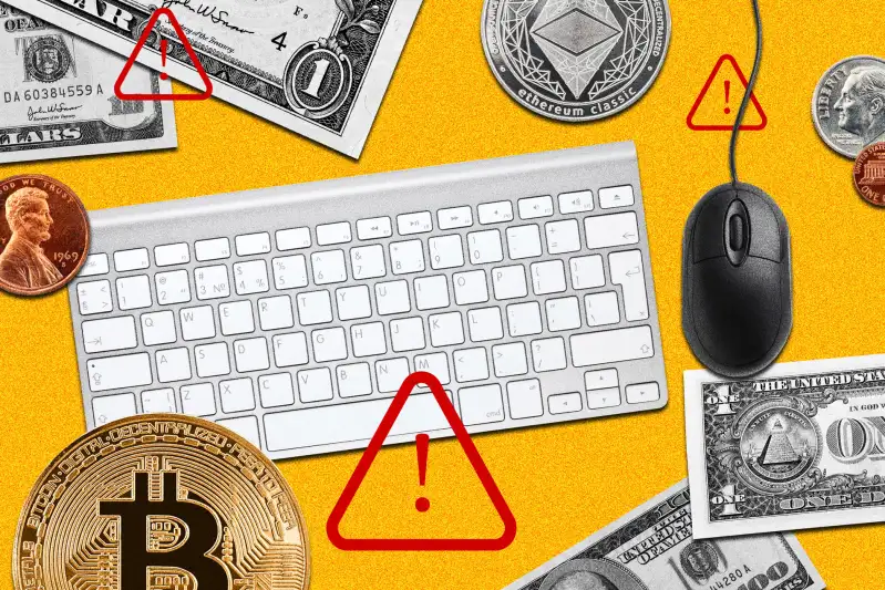 Photo Collage of a keyboard and a computer mouse surrounded by dollar bills and crypto coins