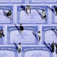 Photo collage of an overhead view of people walking over multiple social security cards