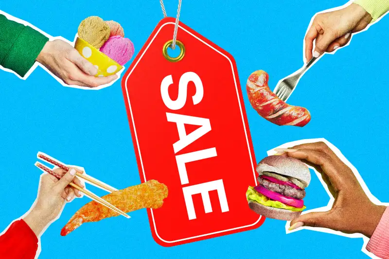 Photo collage of hands holding different food items with a big red tag with the word  Sale