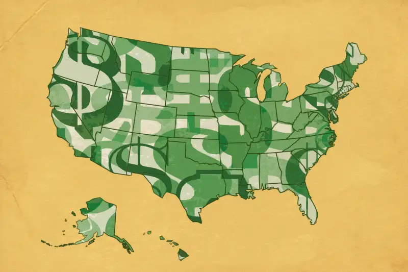 Illustration of a United States Map covered with varying dollar sign symbols