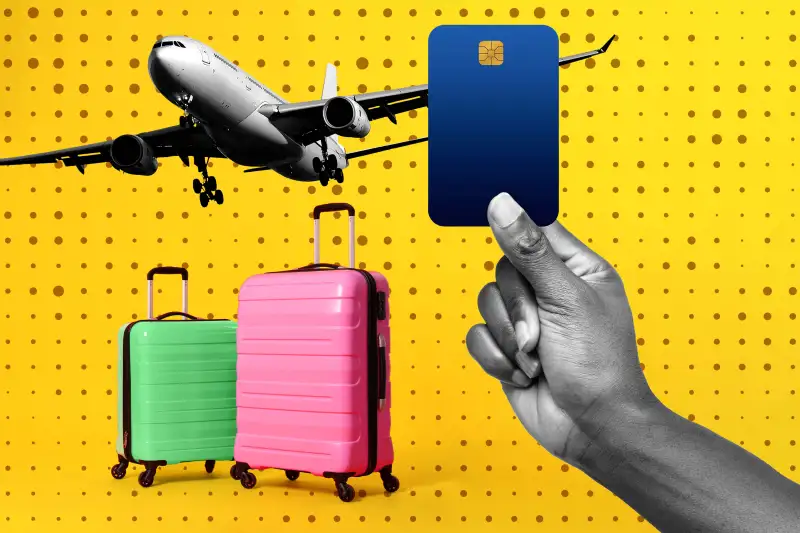 Photo Collage of a hand holding a credit card with luggage and an airplane in the background