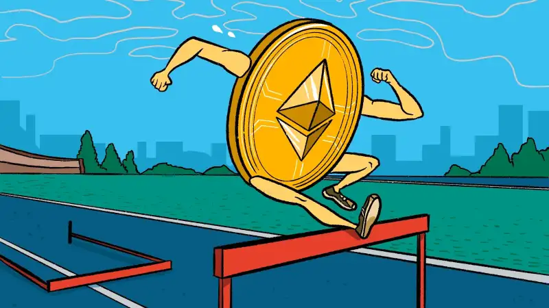 A cryptocurrency coin jumping a hurdle