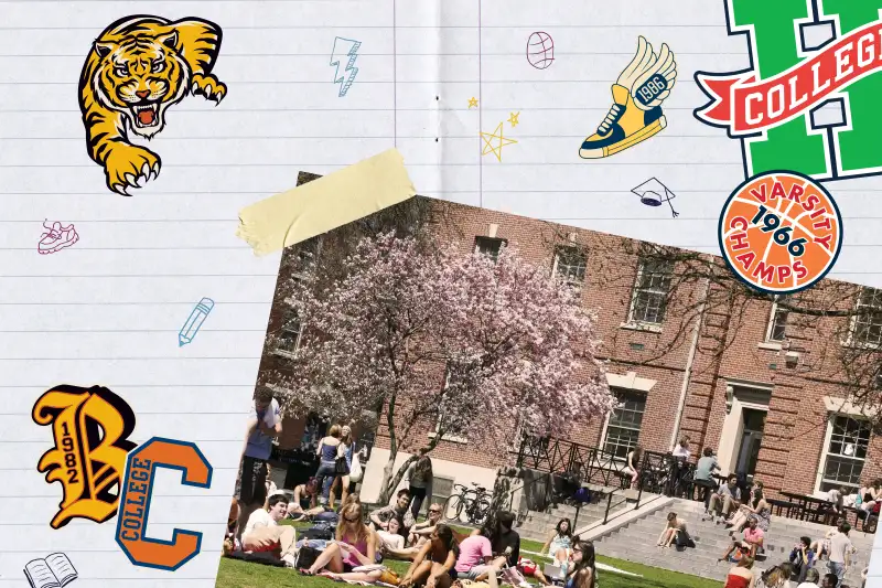 Photo-illustration of a notebook page with doodles, stickers, and a college campus photo.