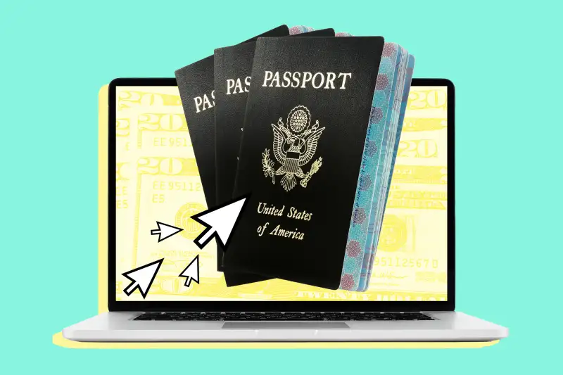 Photo Illustration of a laptop with multiple US passports, twenty dollar bills and cursors