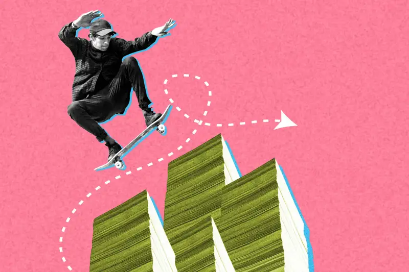 Skateboarder jumping over stacks of money